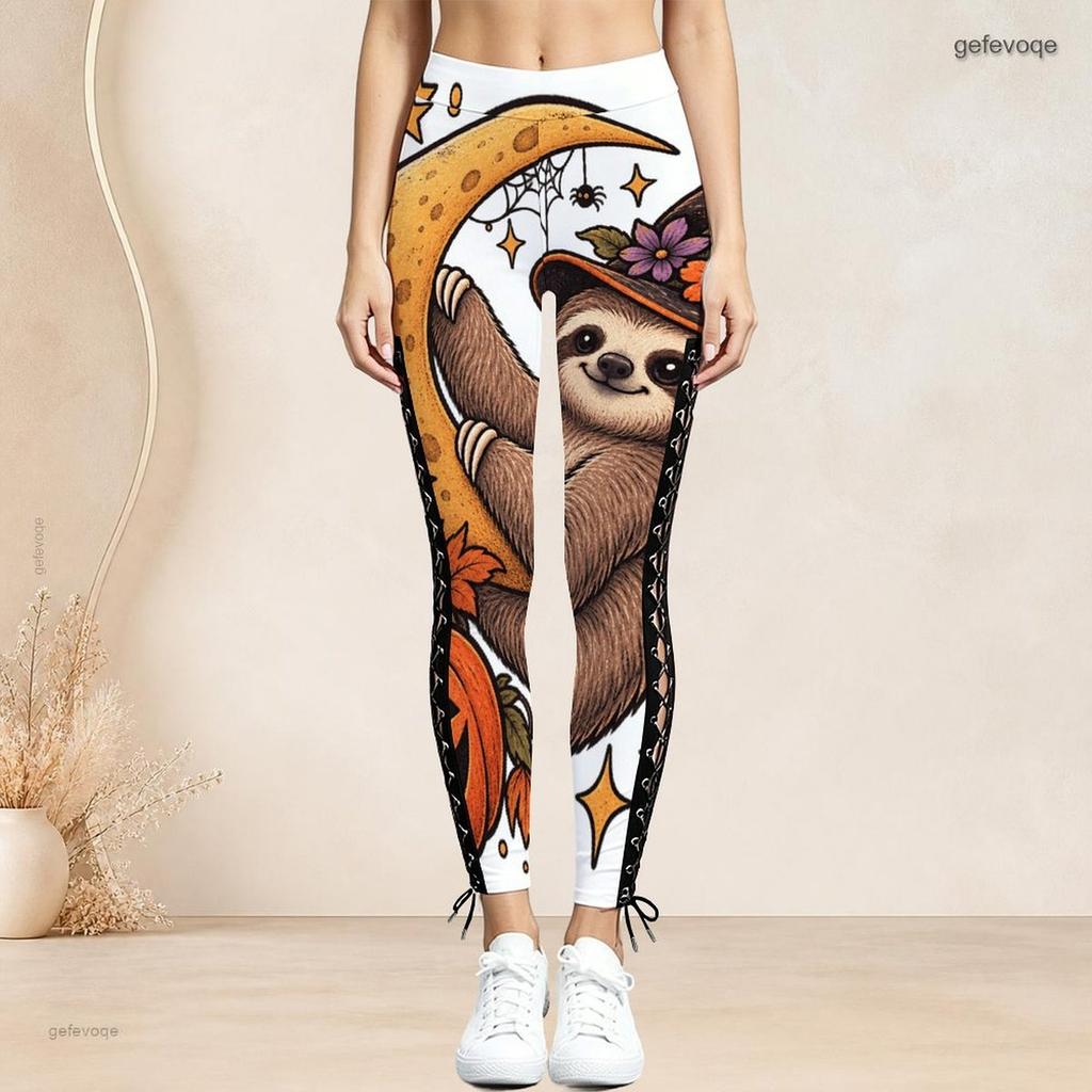 Women Plus Size High Waist Halloween Sloth Printed Side Eyelet Lace Up Full Length Fitted Leggings
