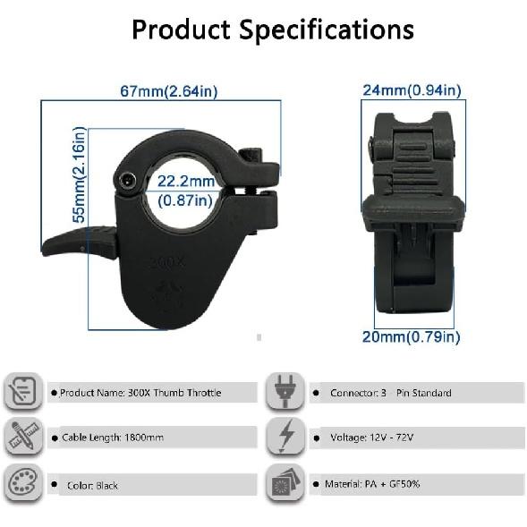 Palcový plyn pro elektrokolo, 12V 24V 36V 48V 60V 72V 3pinový SM konektor Plyn pro elektrokolo pro řídítka 22 mm, 300X Levý a pravý akcelerátor rychlosti, Elektrický