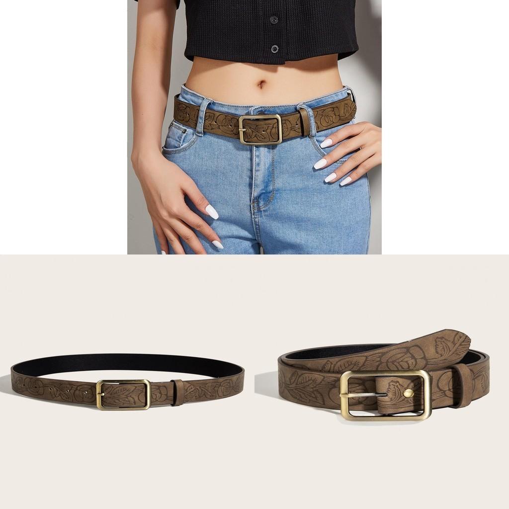 Trendy Retro Floral Embossed Faux Leather Belt With Antique Brass Clasp