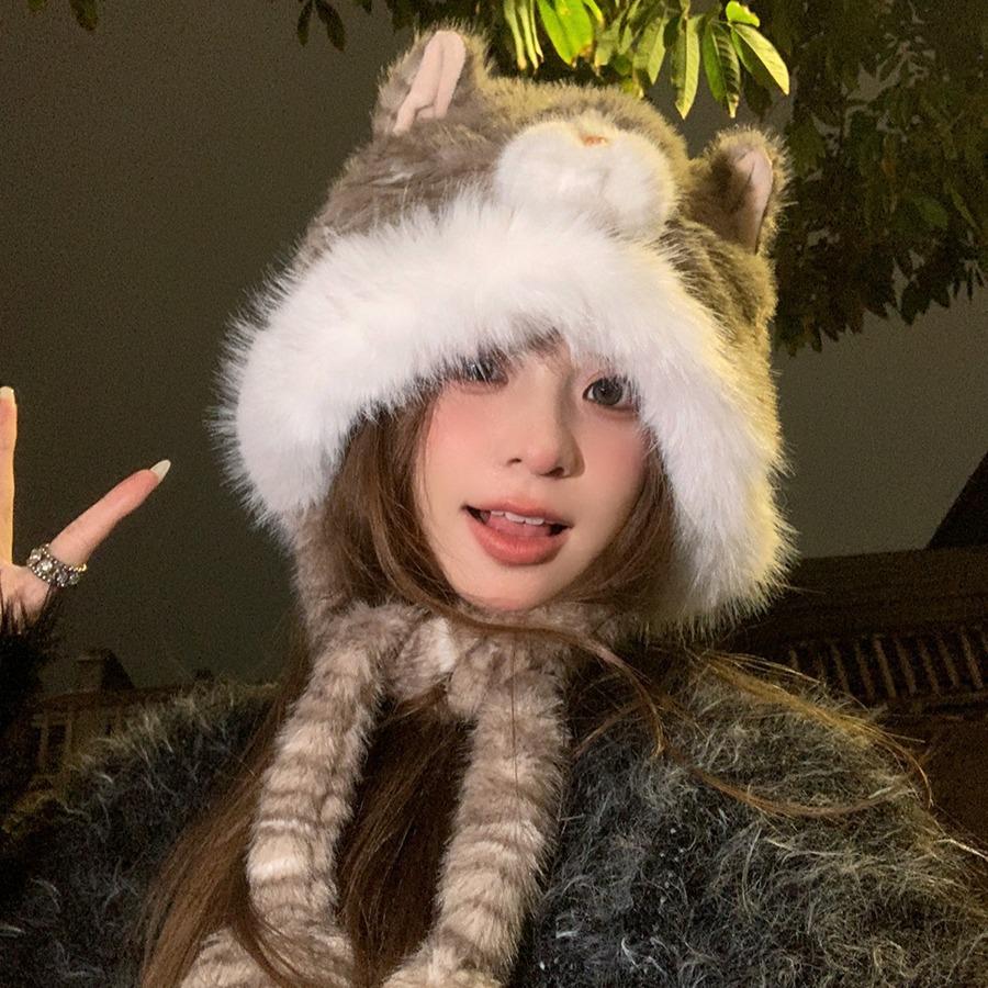 Winter Warm Soft Cute Garfield Milk Whirring Plush Hat Women Cold Show Face Small Ear Protection Tide