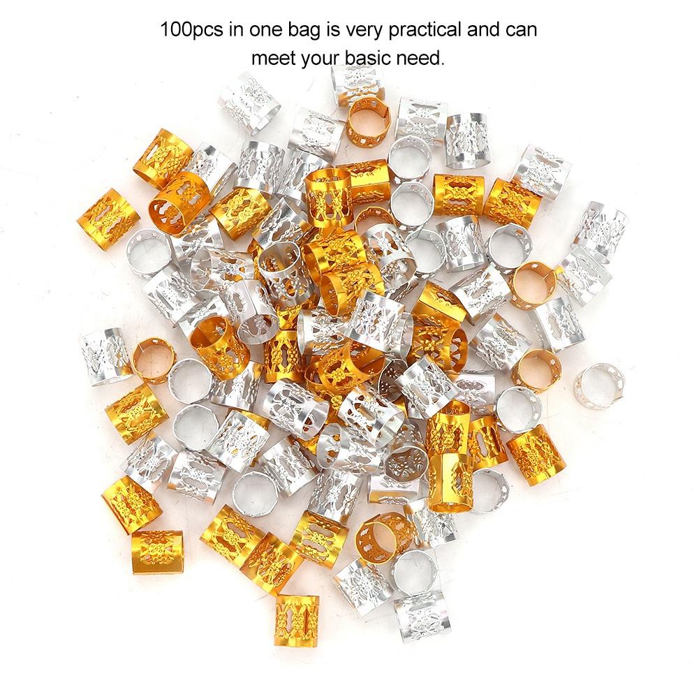 100Pcs Adjustable Dreadlocks Hair Braid Beads Cuffs Hair Decoration Wig Accessories Gold+Silver