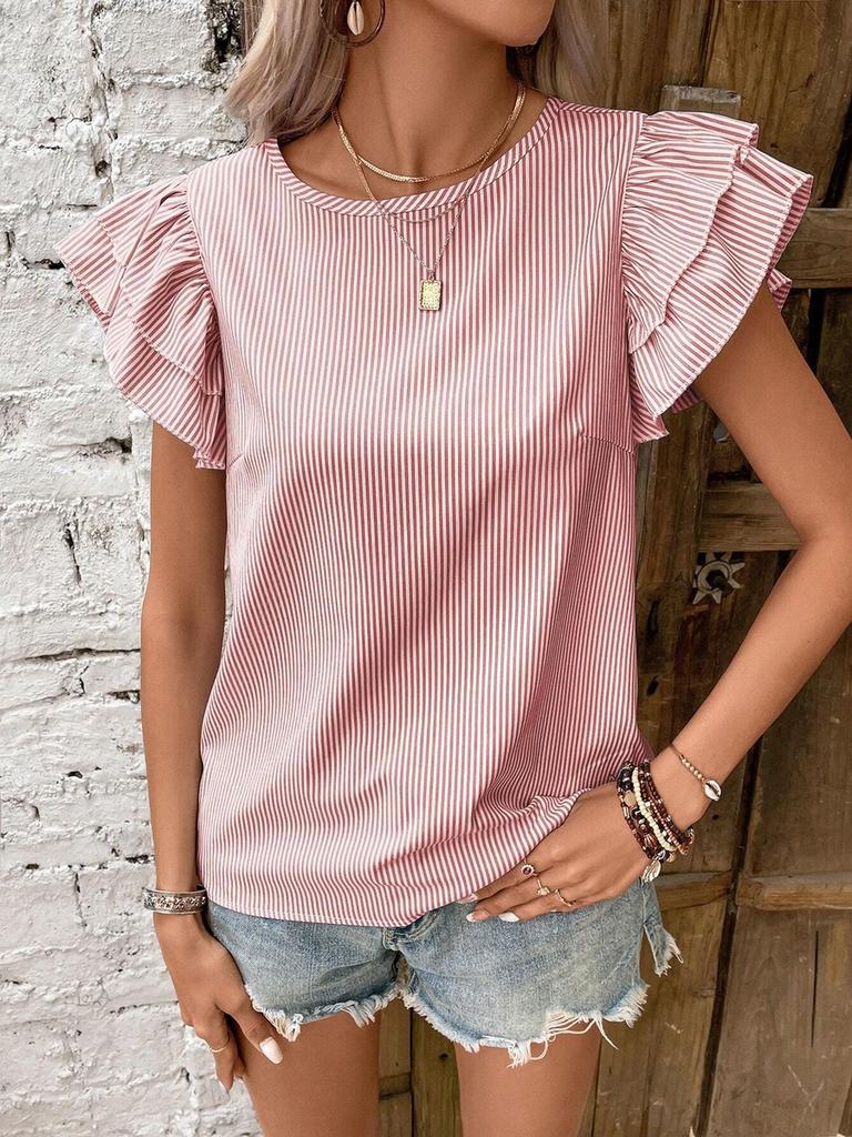 Women's Summer New Style Round Neck Striped Ruffles Sleeve Shirt Top