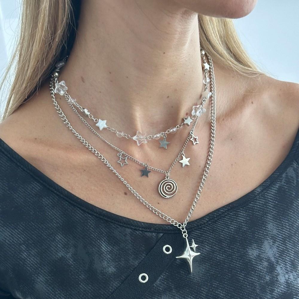 Hollow Out Star Pendant Necklace Punk Goth Y2K Metal Necklace Charm Beaded Necklace Girl