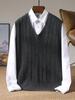Men's 100% Pure Wool V-Neck Thickened Sleeveless Knit Vest - Solid Color, Ribbed, Slimming, Warm