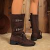 Vintage Pointed Toe Paneled Cow Suede Lace-Up Metal Buckle Zipper Soft Sole Non-Slip Block Heel Boots Mid-Tube Boots