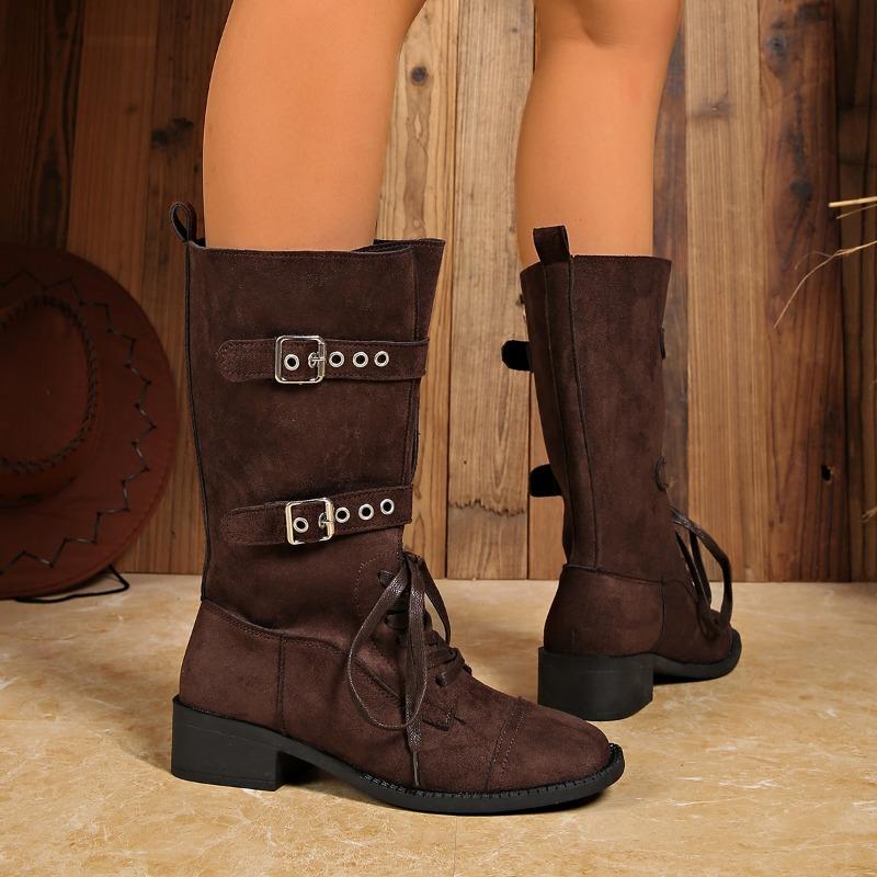 Vintage Pointed Toe Paneled Cow Suede Lace-Up Metal Buckle Zipper Soft Sole Non-Slip Block Heel Boots Mid-Tube Boots