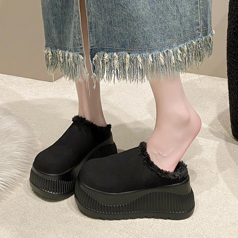 Women Platform Fur Slippers Suede Mules Shoes Winter  Trend Casual Snow Boots Short Plush Warm Cotton Shoes 10CM High Heels