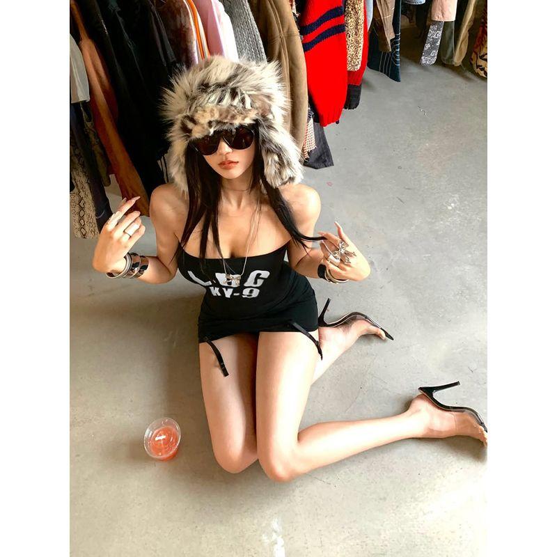 Kkx European and American Style Gyaru Pure Desire Sexy Street Letters Print Slim fit Slimming Lace-up Tube Top Sheath Dress