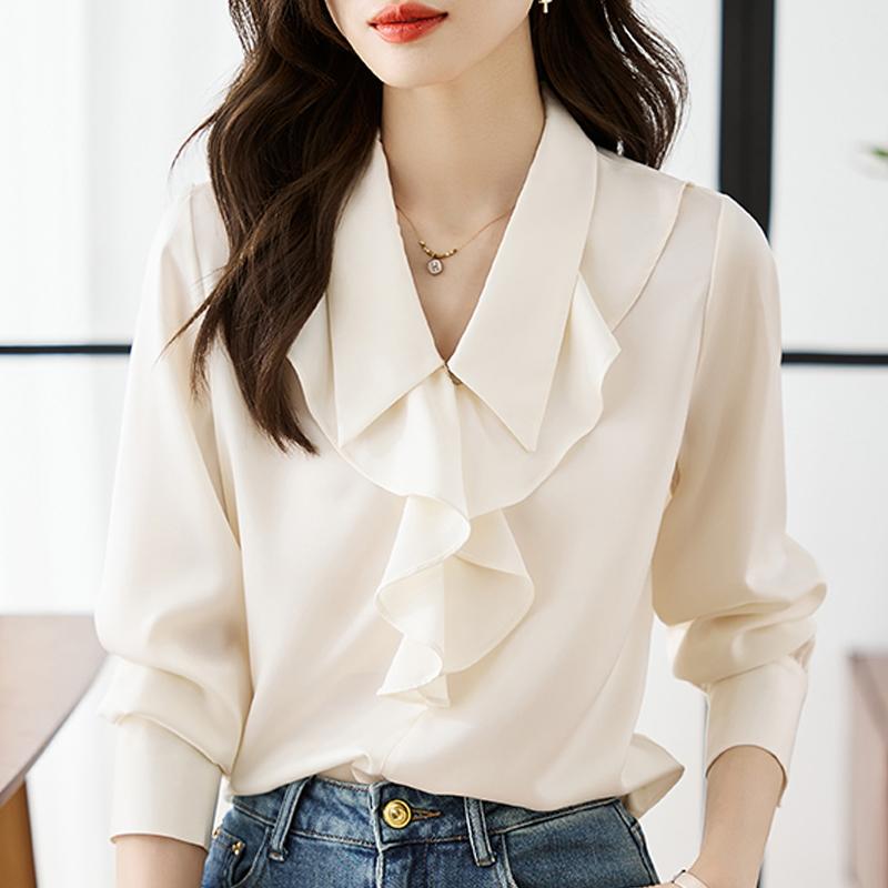 

Женские блузки, рубашки, весна 2025, женская блузка с длинным рукавом, рубашка с отложным воротником, оборками, шифоновая блузка, рубашка, женские топы J830 S абрикосовый