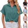 Women Short Sleeve Blouse Lapel Collar Button Down Loose Solid Color Polyester Shirt Summer Casual Tops