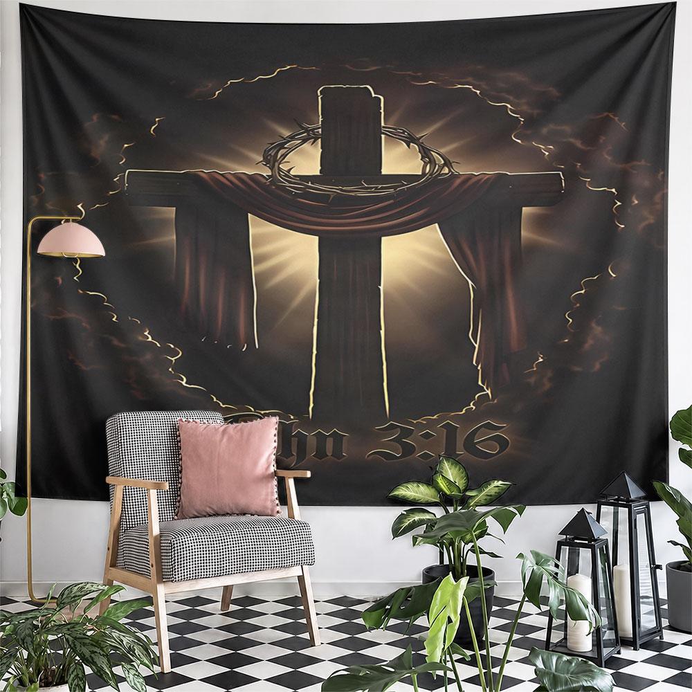 John 3:16 Cross with Crown of Thorns Pattern Wall Hanging Tapestry Decorative Tapestry Home Decor for Bedroom and Living Room