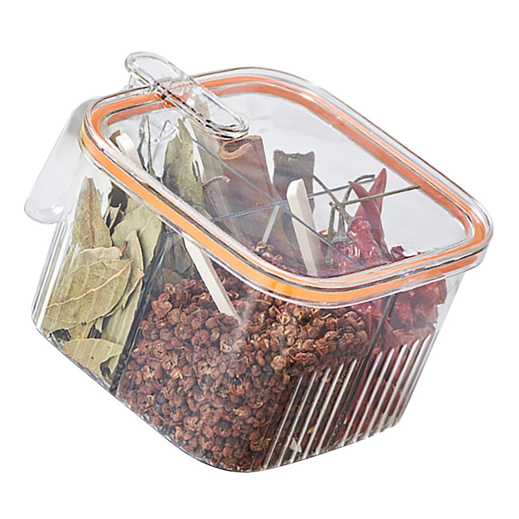 4 Grid Clear Seasoning Box Kitchen Spice Pot Condiments Storage Container with Cover and Spoon Transparent and Orange