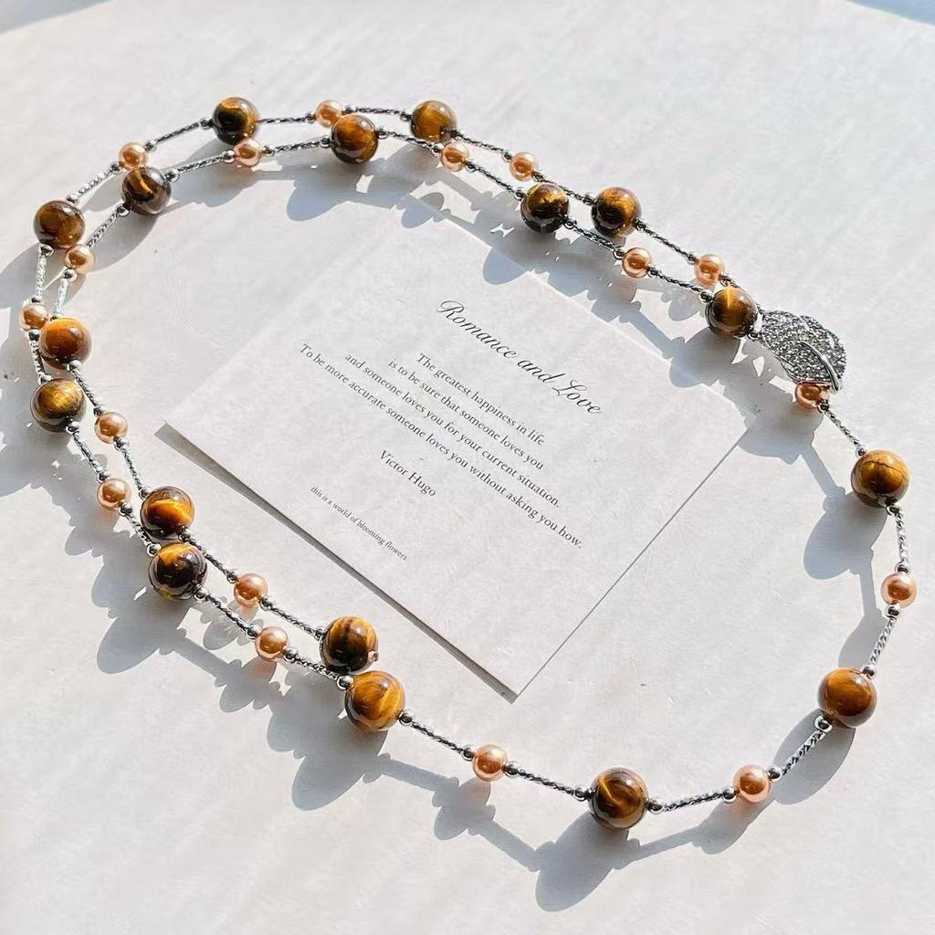 Maillard Natural Boutique Tiger's Eye Stone Imitation Tahitian Pearl Various Wearing Methods Sweater Chain Collarbone Chain Necklace