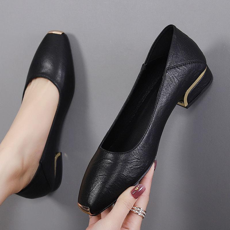 2025 Spring New Low-heeled Leather Women's Shoes Square Head Shallow Mouth Work Shoes Flat-heeled Leather Shoes Thick Heel Versatile