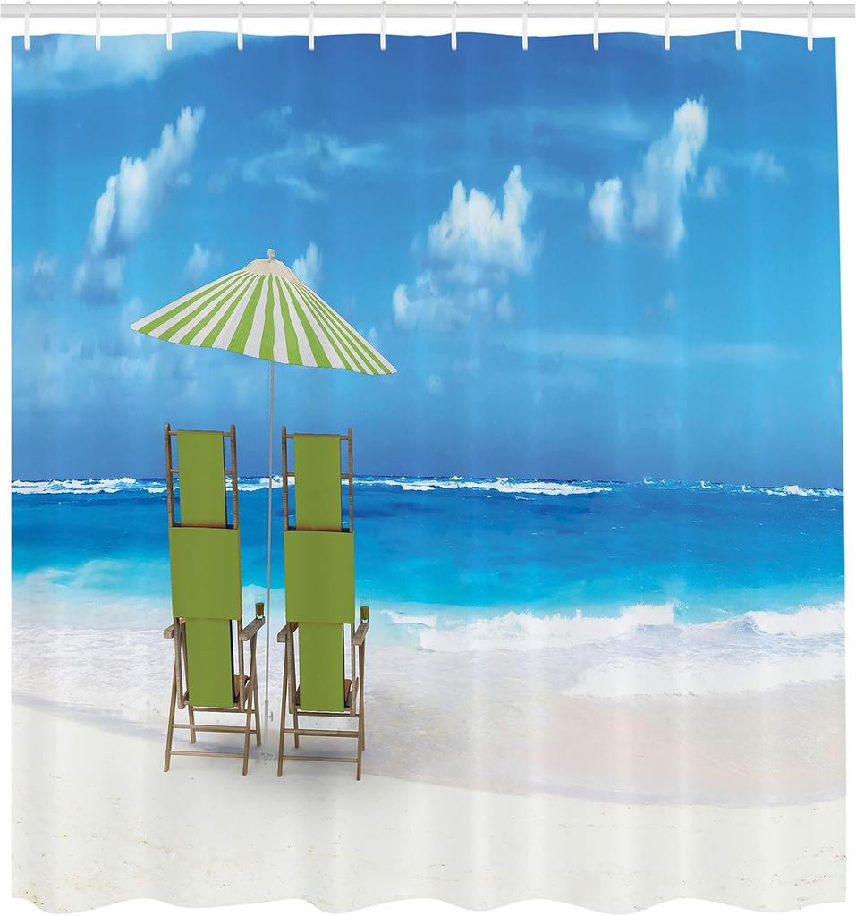 Seaside Shower Curtain Ocean View Beach Chairs Green Umbrella Sunshade Tropical Seascape Decor with Hooks