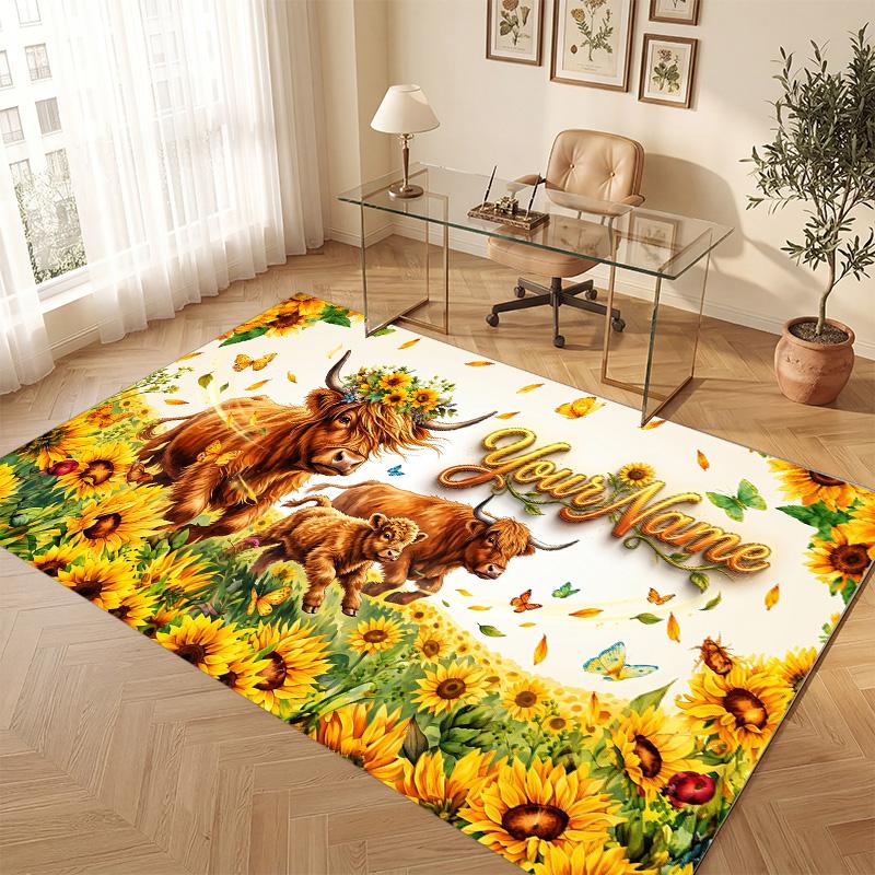 Highland Cow Theme Soft Crystal Velvet Rug Custom Name & Text Print Non Slip Floor Rug for Bedroom Living Room