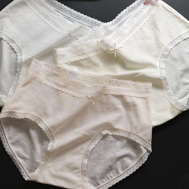 Calcinhas Femininas de Algodão Jacquard com Laço Respirável de Entrepernas Longo para Primavera e Outono