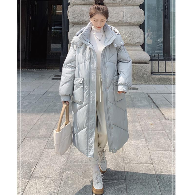 Podzim/zima Dámská jednobarevná teplá dlouhá dámská bunda s kapucí a velkou kapsou