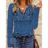 Women's imitation denim print zipper top - long-sleeved V-neck, slim-fit design, fashionable personality