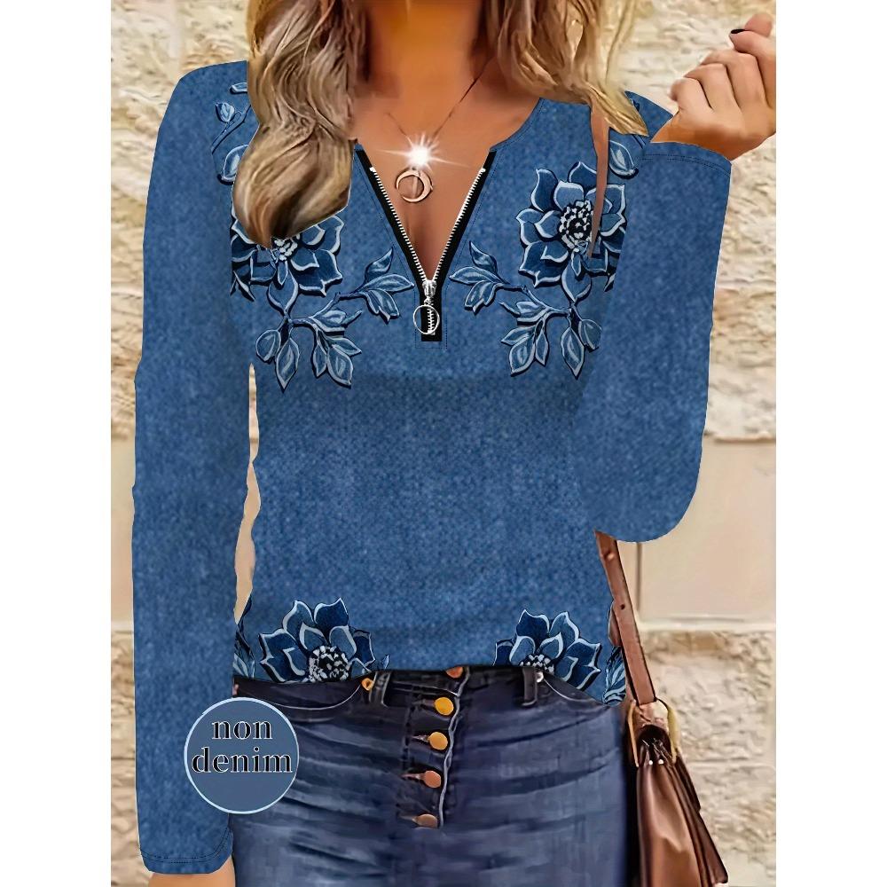 Women's imitation denim print zipper top - long-sleeved V-neck, slim-fit design, fashionable personality
