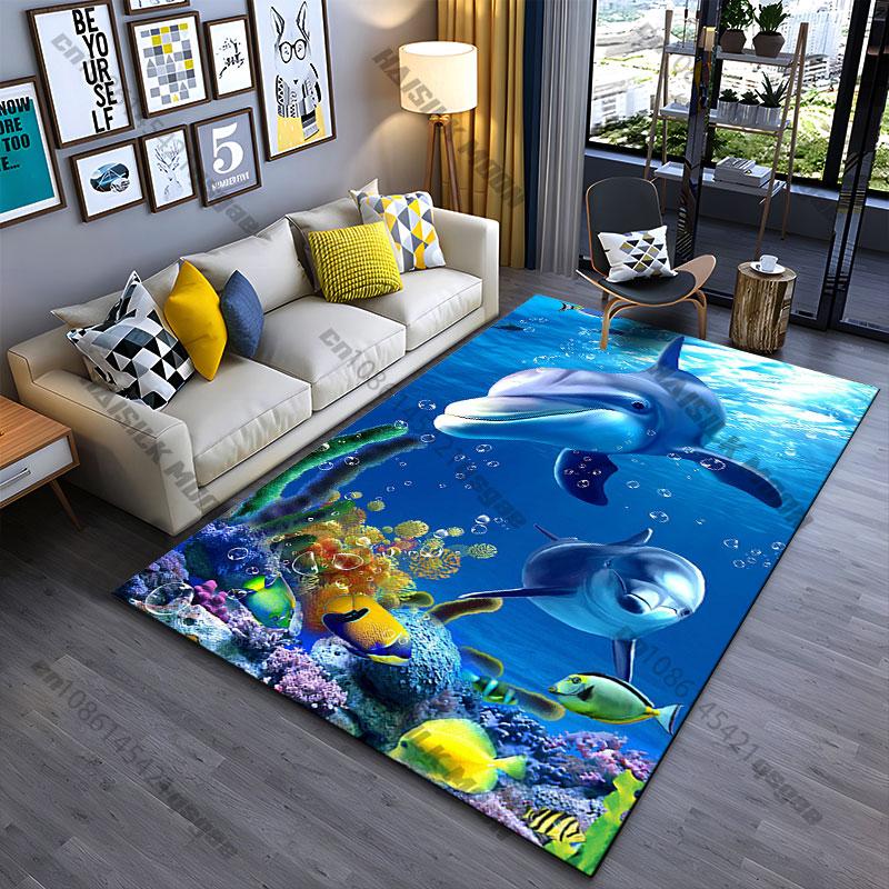 Underwater Dolphins and Colorful Corals Carpet Yoga Living Room Room Decor Children's Crawling Mat Doormat Area Rug