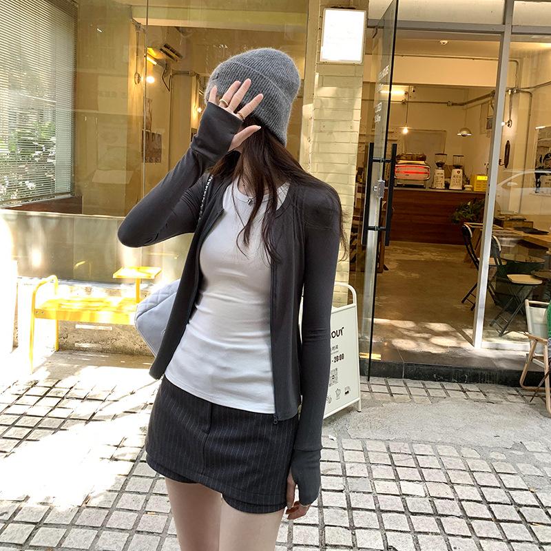 Women's Korean Style Colorblock Zip-Up Cardigan Long Sleeve T-Shirt - Autumn/Winter 2024 Slimming Top