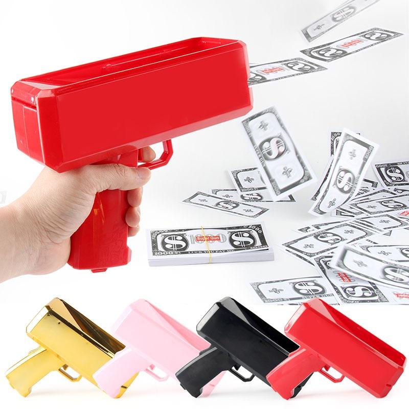 Automatische elektrische Geldpistole, batteriebetriebenes Bargeld-Schießspielzeug mit 100 Stück gefälschten Scheinen für Party-Hochzeitsfeier