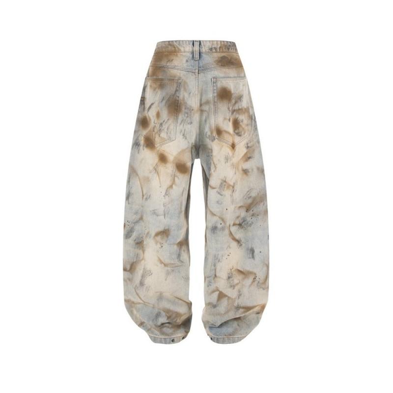 Mens Loose Wide-Leg Jeans Streetwear Punk Tie-Dye Wash Casual Long Pants
