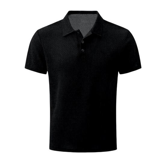 Men Waffle Golf Shirt Button Turndown Collar Summer Shirt Short Sleeve S чёрный
