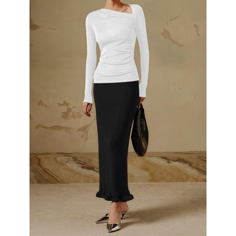 Women's Sexy Slant Neck Long Sleeve Solid Colour Inner Temperament Elegant Top