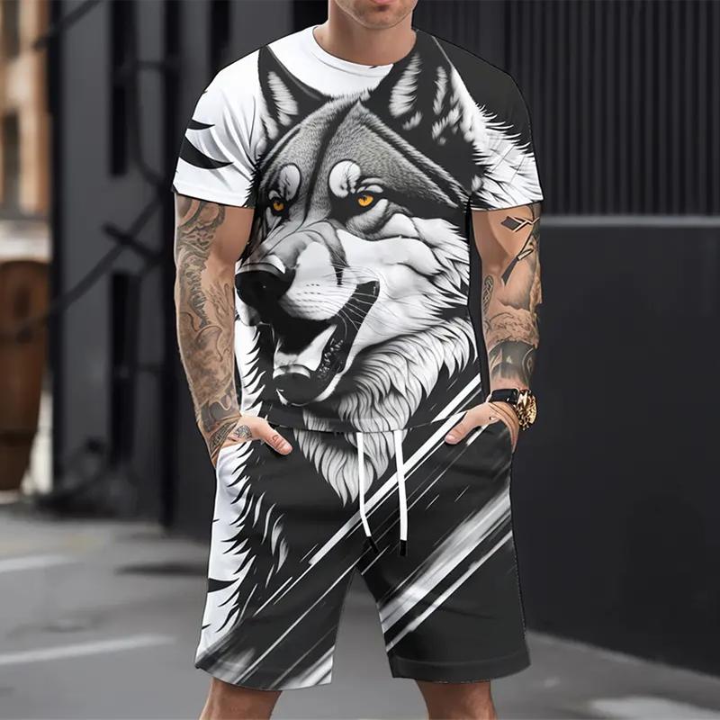 Men's Casual Sports Suit Printed 3D Fierce Wolf Pattern Oversized Loose Men's Top Y2K Style Suit Summer Casual Breathable Suit