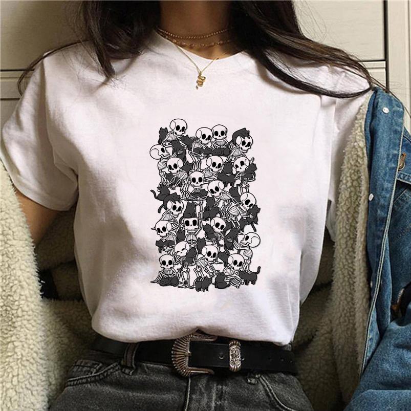 Summer Tshirt Female Tee Skull Cat Print Women Tshirt Punk Dark Grunge Streetwear Ladies Gothic Top Tshirts Harajuku Clothes Y2K