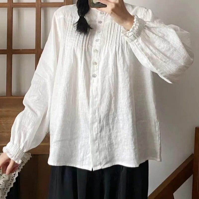 Johnature Frühling Frauen Shirts Tops Vintage Rüschen Casual Lose Plissee Feste Farbe Alle Spiel Frauen Blusen