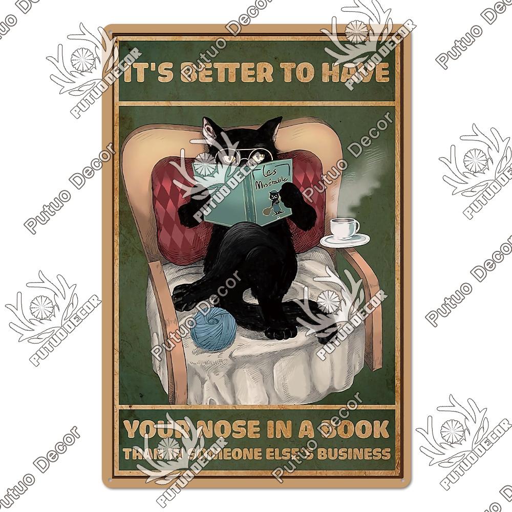 Putuo Decor Black Funny Cat Metal Sign Vintage Plaque Metal Retro Animals Tin Poster for Living Room Home Decoration Wall Decor