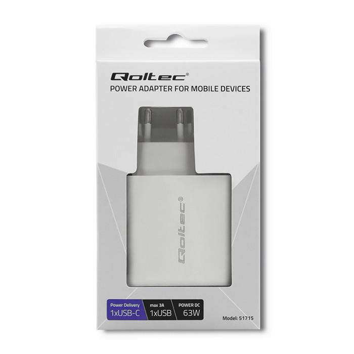 Qoltec Wall Charger 18W | 5-12V | 1.5-3A | USB Type C PD | USB QC 3.0 | Black
