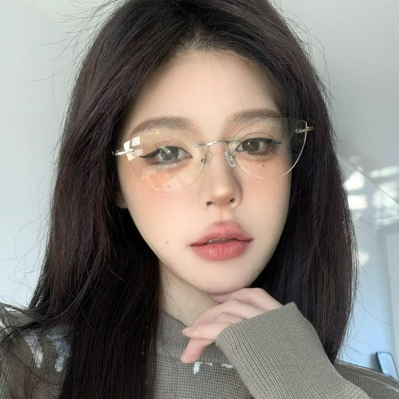 Korean Style Rimless Cat Eye Glasses Clear Anti Blue Light Eyeglasses Women Men Vintage Transparent Rimless Versatile Eyewear