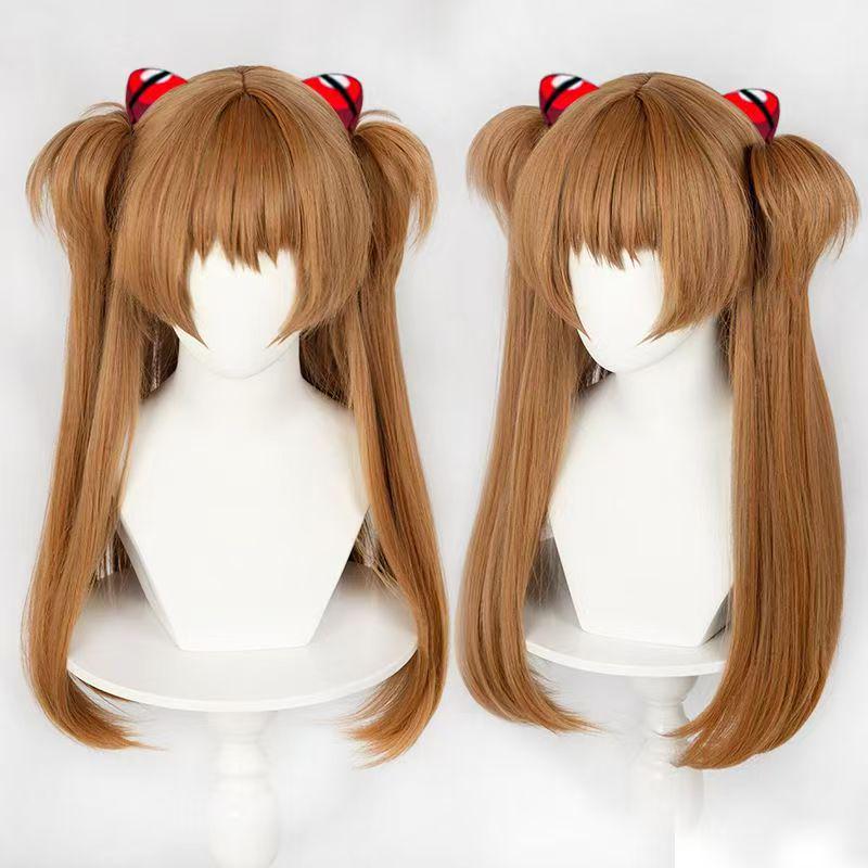 Neon Genesis Evangelion Asuka Orange Wig with Cardamom Eva Style: Double Ponytails & Tiger Mouth Clip
