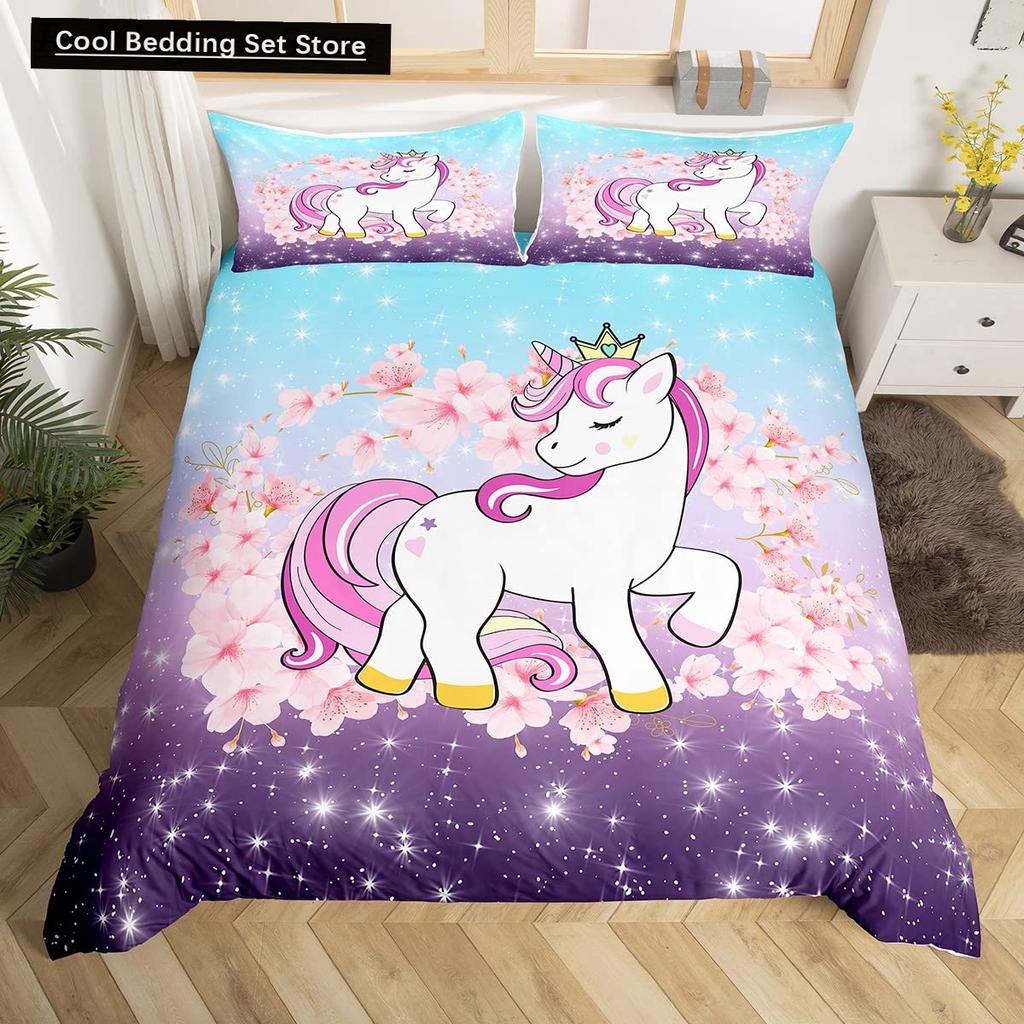Kids Unicorn Stars King Queen Duvet Cover Cartoon Magic Animal Bedding Set Rainbow Shiny Quilt Cover Polyester Comforter Cover
