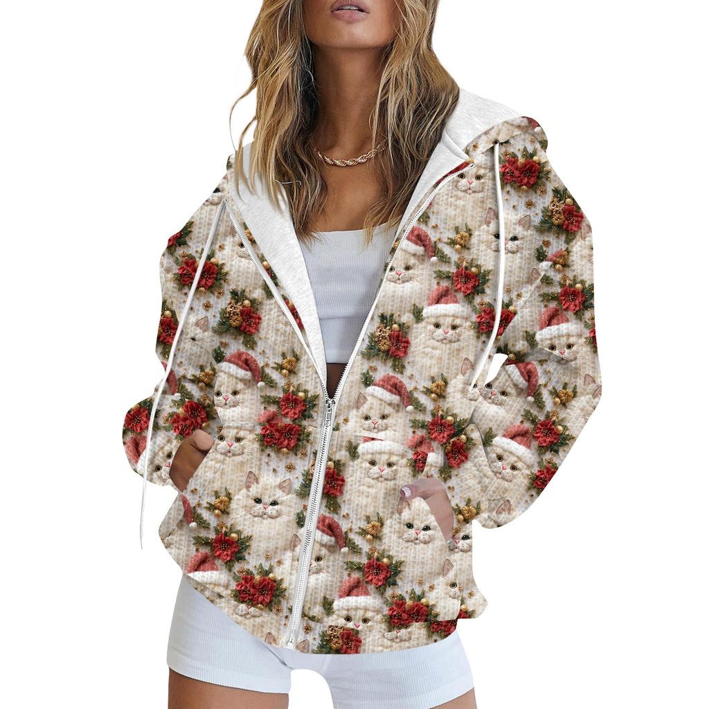 Women's Fashion Jacket Casual Printed Long-sleeved Hooded Cardigan Sweatshirts