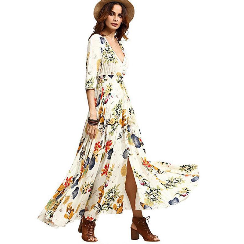 Robe longue ample à col en V et motif ethnique vintage bohème pour femme