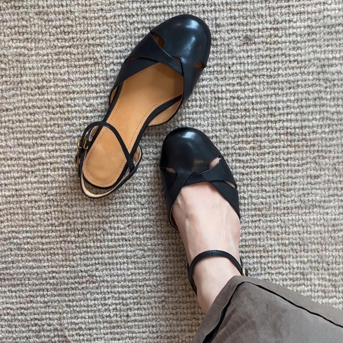 

Sheepskin version~ New retro literary outer wear leather sandals women s low heel hollow versatile temperament casual Roman shoes 40