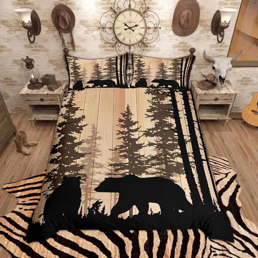 Homewish Rustic Farmhouse Duvet Cover Set, Bear Moose Deer Bedding Set, Retro Lodge Cabin Quilt Cover Set