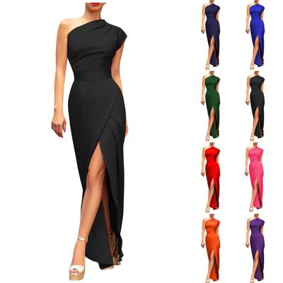 Women's Solid Color One Shoulder Sleeveless High Waist Front Split Temperament Dress Waist Gown Dress