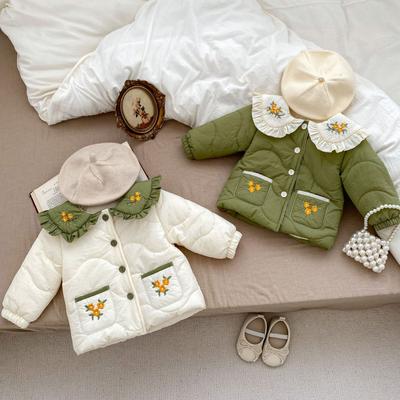 2024 New Girls Baby Winter Fleece-lined Cotton-padded Jacket Western Style Embroidered Lapel Thick Warm Cotton Coat Coat