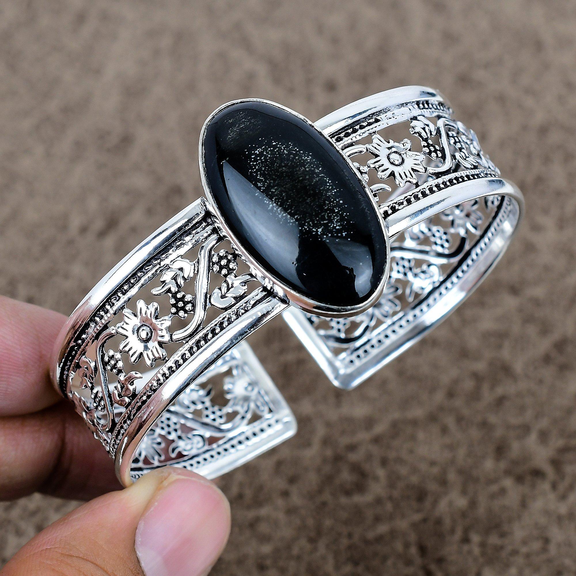 

Silver Sheen Obsidian Gemstone 925 Sterling Silver Cuff Bangle Adjustable KKG-777