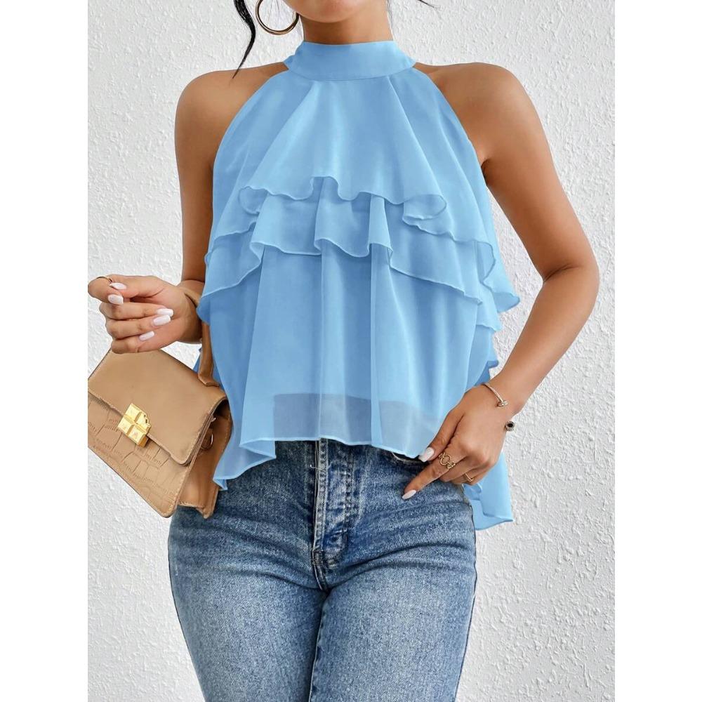Fashionable and Stylish Multi-purpose Pure Color Neckless Sleeveless Irregular Ruffled Top