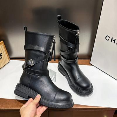 Female Knight Boots Women Shoes with Front Zipper Leather Midsole Motorcycle Boots Spring and Autumn Short Boots Botas De Mujer