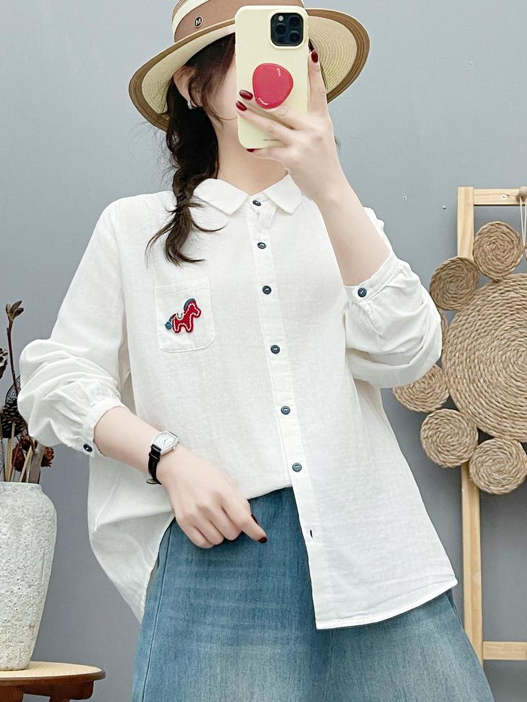 Women's Double-Layer Long-Sleeve Cotton Shirt - Fashionable, Artistic Style with Small Horse Embroidery, Year of the Horse Red.