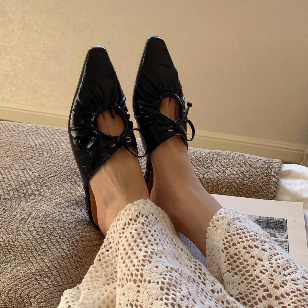 Leather French Niche Pleated Lace-up Bag Head Half Slippers Women's 2025 Spring and Summer Fashion Pointed Flat-soled Mullers