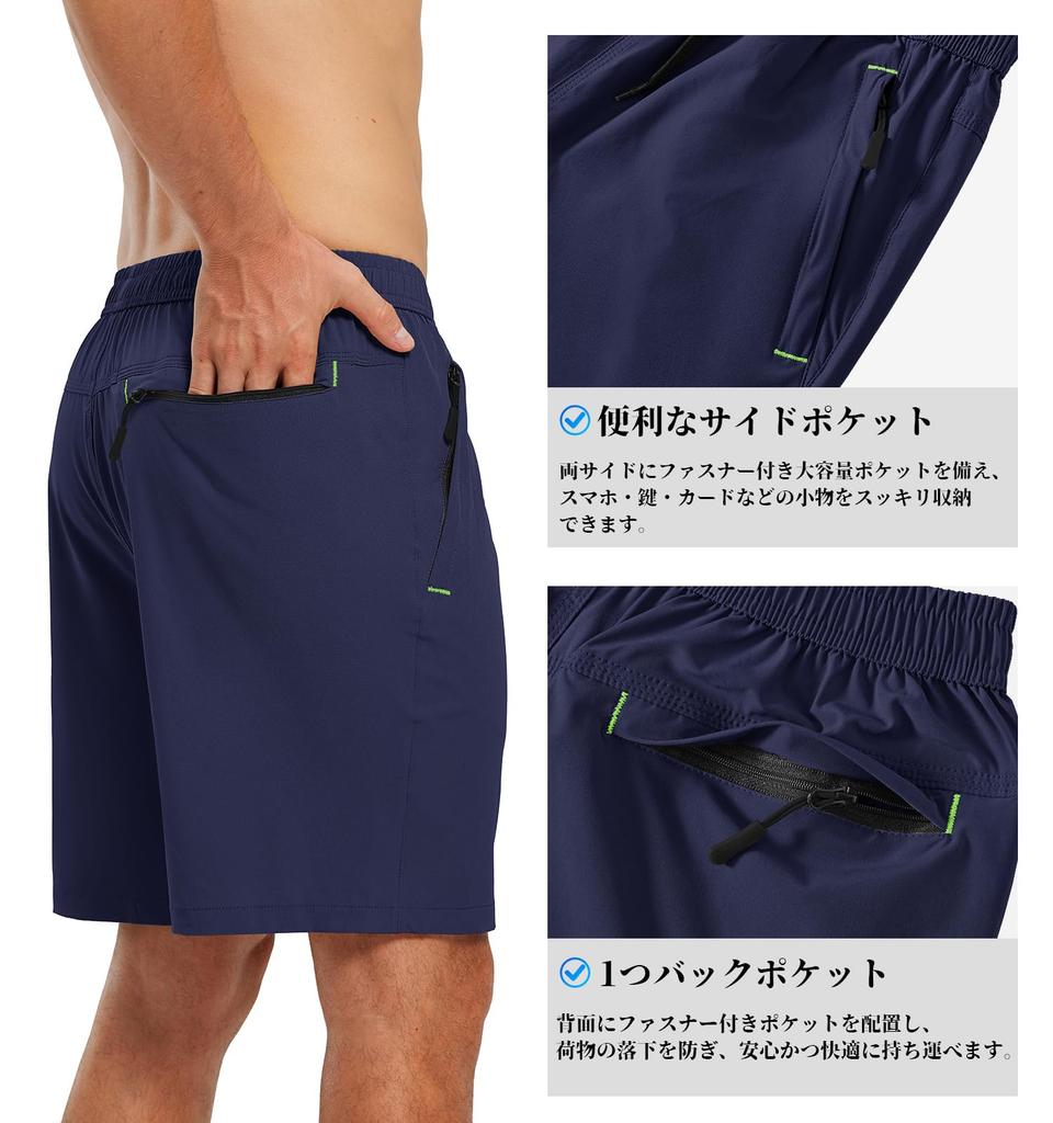 Gopune Men's Running Shorts, Quick-Dry Sweat-Wicking Sports Half Pants with Zipper Pockets, for Soccer Tennis Marathon Hiking (Navy, M)
